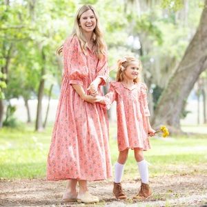 NWT Shrimp and Grits Ella Gray Apricot Margot Blockprint Dress, Size L